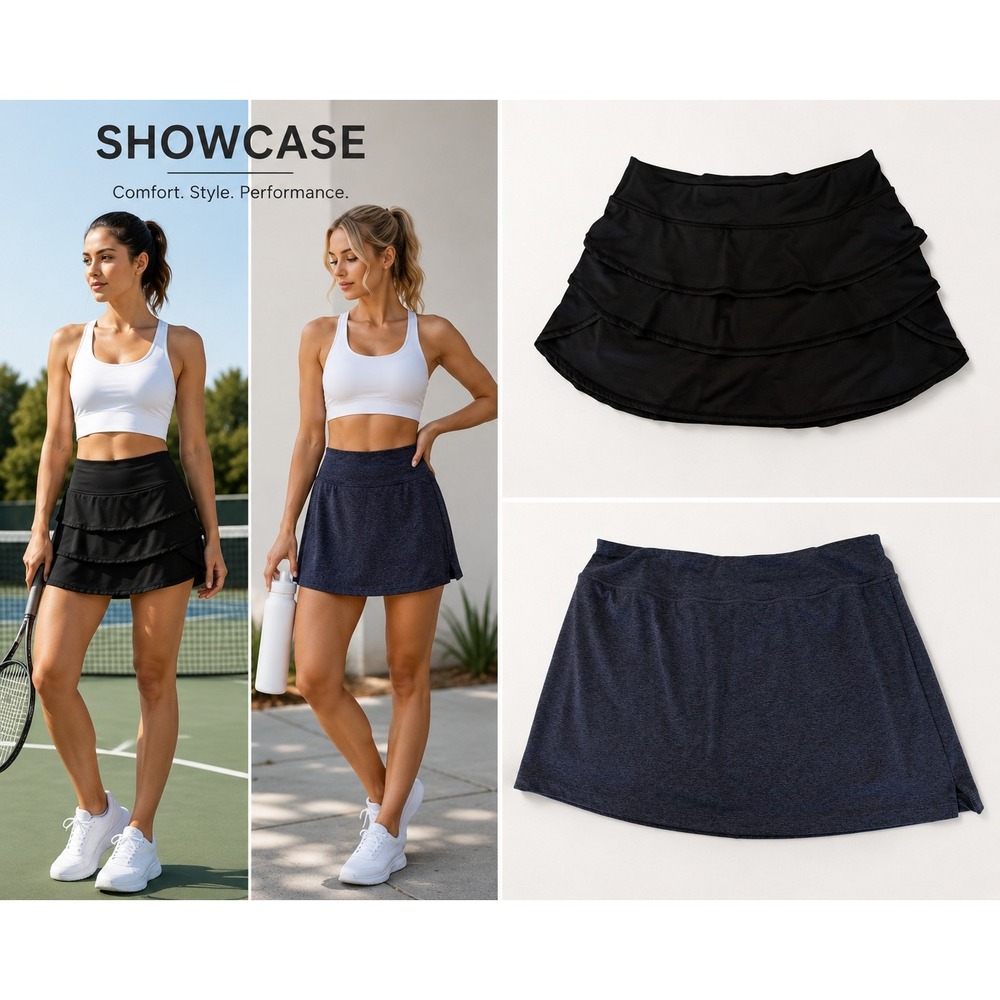 Ideology Womens XL Athletic Skort Bundle Black‎ Tiered Ruffle Heather Navy Blue